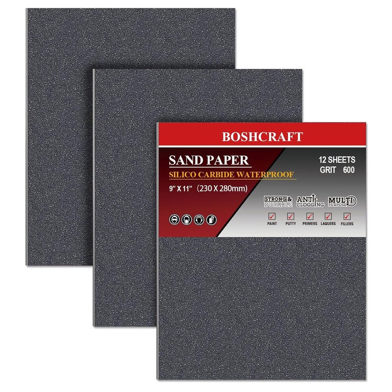 BOSHCRAFT 600 Grit Sandpaper, Wet Dry Sandpaper for Wood Metal Hand Sander Sand Paper Sandpaper Sheets Sandpaper Set Cut for Use 9"" x 11""/12 Sheets - Image 1